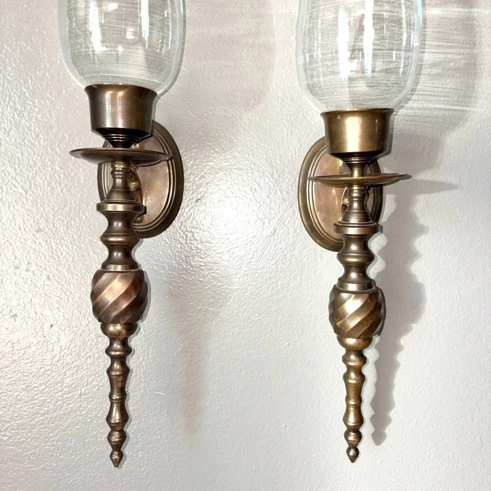 Pair of Vtg Antique Brass Hurricane Wall Sconces with Clear Glass Shades 18in